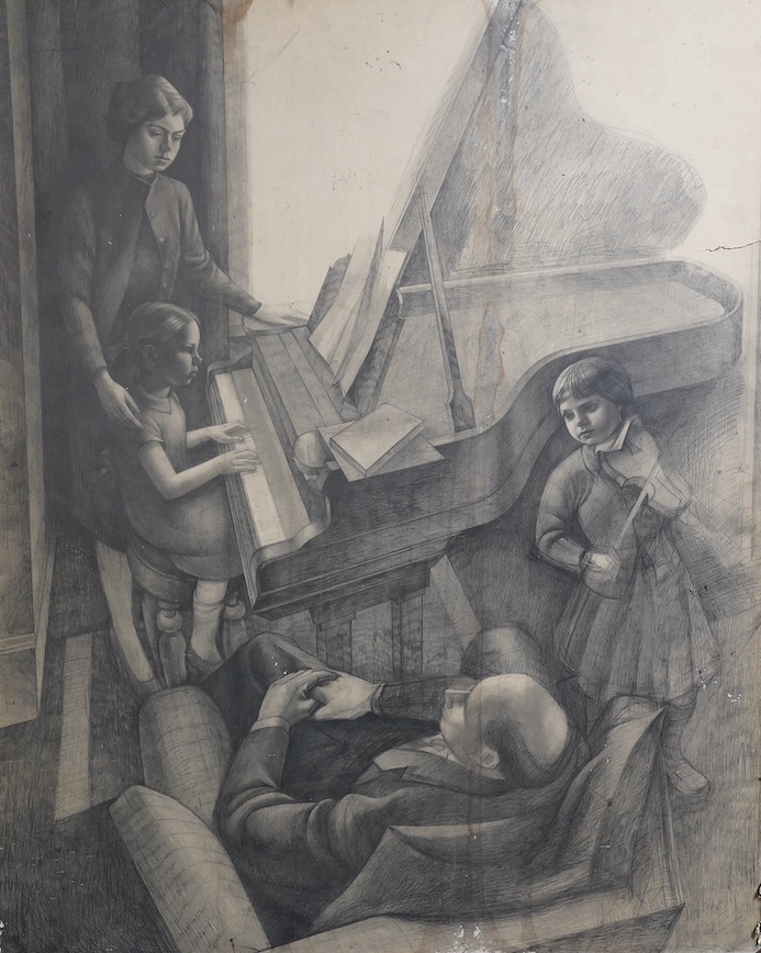 David Smith (British, 1930-1999), Family music recital, oil on hard board, 164 x 120cm